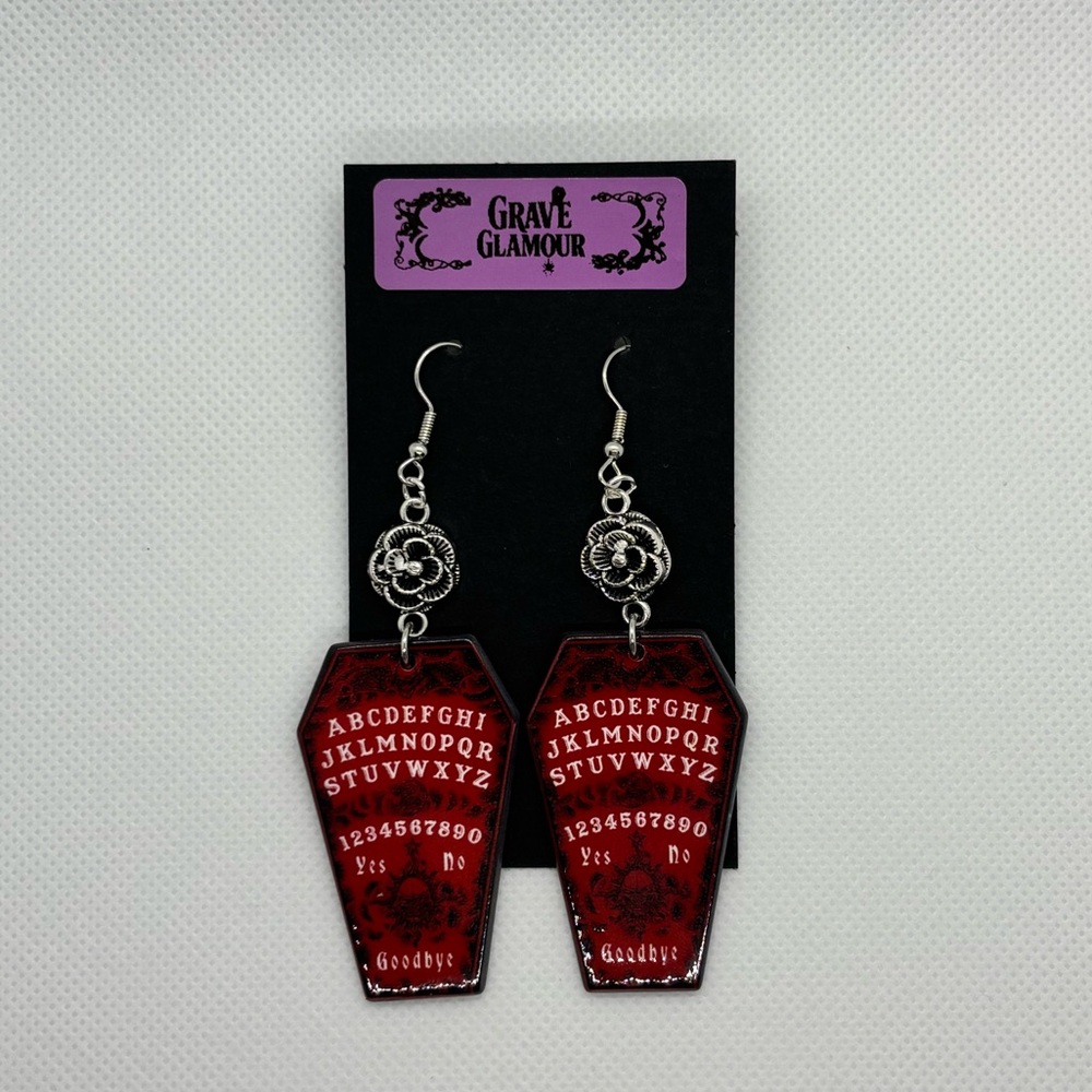 Handmade Red Coffin Ouija Board Earrings | Gothic Witchy Halloween Jewelry